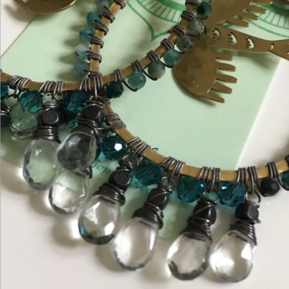 Hoop Earrings Aquamarine & Chrysocolla Brass Bird 🧿 🕊️ - Picture 6 of 8